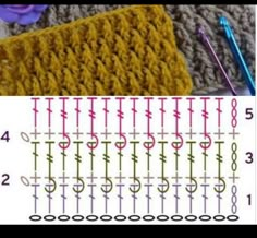 crochet stitches and knitting needles are shown