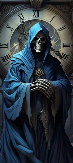 a skeleton in a blue cloak with a clock behind it