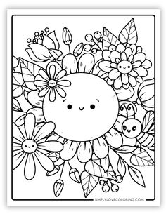 a coloring page with flowers and leaves in the center, including an image of a sunflower