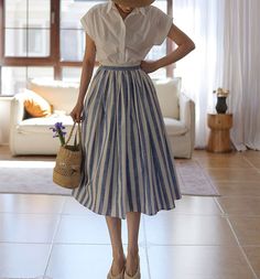 Loose Linen Cotton Dress,long Striped Skirt,linen Ruffle Skirt,maxi Skirt,women Summer Dress,custom Skirt - Etsy Saudi Arabia Long Striped Skirts, Ingenue Essence, Blue Stripes Pattern, Sheer Midi Dress, Linen Summer, Skirt Maxi, Flowing Skirt, Blue Outfit, Summer Fabrics