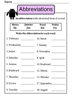 a worksheet with the words abbreviations