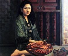 a painting of a woman sitting on the floor