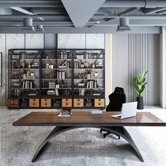 an office with a desk, chair and bookshelf in the middle of it