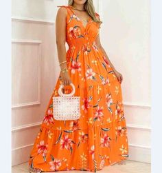 Material: Polyester  Gender: Women  Item Type: Dress  Color: Orange  Size: S, M, L, XL Floral Maxi Dress Outfit, Dresses Casual Maxi, Green Floral Maxi Dress, Smocked Maxi Dress, Necklace Sun, Summer Dresses Casual, Maxi Dress Outfit, Party Dress Long Sleeve, Rust Dress