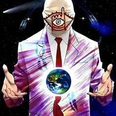 a man in a suit and tie holds out his hands with an eyeball on it