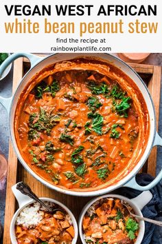 two bowls filled with meat and vegetables next to the words vegan / gluen - free west african peanut stew