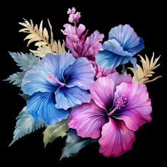 a bunch of flowers that are on a black background with blue, pink and green leaves