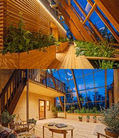 the inside and outside of a house with plants growing on the roof, stairs leading up to the upper floor