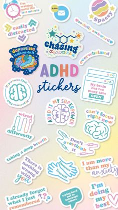 These are our popular ADHD stickers, grab them now for you and your ADHD friends! #stress #anxiety #mentalhealth #brainhealth #disabilityawareness #adhdawareness #sorryiwasntpayingattention #planner #plannersticker #plannercommunity #plannerlove #sticker #stickeraddict #stickercommunity #adhd #adhdsticker #adhdstickers #adhdstickerpack #adhdclub #adhdcommunity #stationary #stationarylove Planner Monthly Layout, Office Posters, Personalised Diary, Add Aesthetic, Sticker Inspiration, Monthly Journal, Cant Focus, Interactive Calendar, Planner Writing