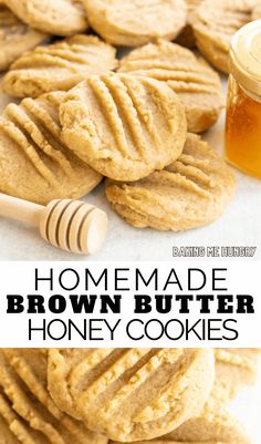 homemade brown butter honey cookies are stacked on top of each other