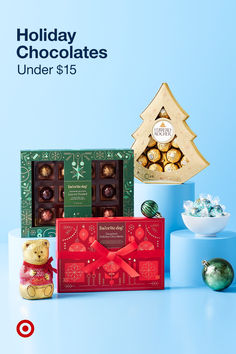 holiday chocolates under $ 15 are on display