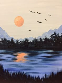 a painting of birds flying over a lake