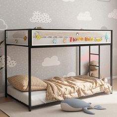 a child's bedroom with a black bunk bed