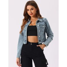 Main: 94% cotton, 6% polyester; Trims: 97% polyester, 3 percent of spandex. A cool trendy jacket is effortless to be paired perfectly with high-waist jeans for a charming and stylish impression. This wardrobe-essential denim jacket is designed with a cropped fitted silhouette, which looks like a vintage-store score. This jacket looks like it's straight out of the ‘90s. This cropped denim jacket is detailed with chest patch pockets and looks cool and trendy. Trendy Solid Color Denim Jacket With Button Closure, Spring Denim Jacket With Button Closure, Casual Single-breasted Button-up Cropped Jacket, Trendy Solid Denim Jacket With Button Closure, Fitted Long Sleeve Denim Jacket With Button Cuffs, Fitted Blue Cropped Cotton Jacket, Fitted Blue Cotton Cropped Jacket, Fitted Denim Jacket With Buttoned Pockets And Long Sleeves, Fitted Denim Jacket With Buttoned Pockets