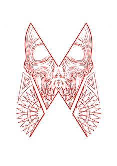 a red and white drawing of a skull with two crossed horns on it's head