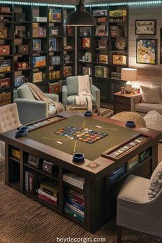 a living room filled with lots of furniture and bookshelves covered in pictures on the walls