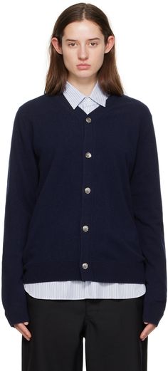 Knit lambswool cardigan. · Rib knit Y-neck, hem, and cuffs · Button closure Supplier color: Navy Comme Des Garcons Shirt, Shirt For Women, Comme Des Garcons, Luxury Streetwear, Shirt Outfit, Knit Cardigan, Rib Knit, Perfect Clothing, Women Wear