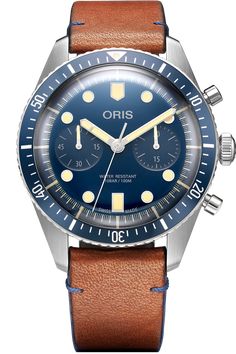 In deep Bucherer BLUE with an aluminum bezel and stainless steel elements, the new Oris Divers Sixty-Five... Chronograph is a unique timepiece with modern watchmaking ingenuity. Its brown leather strap lends a retro touch, while creative technology make this model an impeccable tool watch. Its “light old radium” Super LumiNova® inlays allow for extreme legibility over the Bucherer BLUE dial and an unmistakable appearance. In a world of relaxed luxury, there’s a place for the daring pioneers – a space for the innovative and the creative. It’s where the unexpected comes to life, fulfilling a burning desire to turn daring ideas into reality. Celebrate the extraordinary with your exceptional: Bucherer BLUE. Tool Watch, Creative Technology, Burning Desire, Fine Watches, Brown Leather Strap, The Unexpected, Blue Accents, Diamond Gemstone, In A World