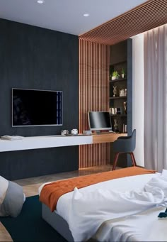 a large flat screen tv mounted to the side of a wall next to a bed