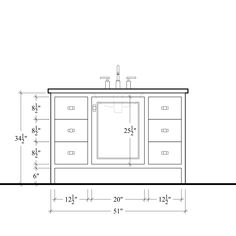 a drawing of a bathroom vanity with two drawers and a sink in the center, along with measurements