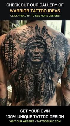 the back of a man's body with tattoos on his chest and headdress