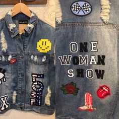 Crazy Cool Woman’s Embellished Denim Jean Vest. I’ve Added Patches And The Phrase “One Woman Show” To The Back. This Is A New Vest From Wild Bleu Labeled A Size Medium/Large, Please Use Measurements. Vintage And Handmade Items Will Not Be Perfect But I Try And Capture Any Flaws In Photos. Leather Jacket Sold Separately. Shoulder To Shoulder: 19” Bust: 21” Waist: 20” Length: 22” Embroidered Jeans For Streetwear, Trendy Summer Denim Jacket With Patches, Trendy Patched Denim Jacket For Summer, Trendy Embellished Medium Wash Denim Jacket, Casual Embellished Denim Jacket, Distressed Denim Blue Vest, Casual Embellished Medium Wash Denim Jacket, Casual Embellished Cotton Jeans, Summer Embellished Cotton Jeans