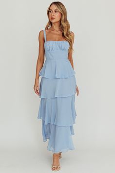 Provence Bloom Tiered Ruffle Maxi Dress Sky Blue by Selfie Leslie Black Tiered Bridesmaid Dress, Bridesmates Dresses, Pastel Blue Bridesmaid Dress, Garden Party Bridesmaid Dress, Blue Ankle Length Dress, Pastel Maxi Dress, Pastel Blue Dress, Blue Selfie, Frill Maxi Dress