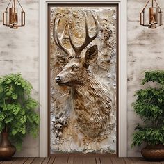 a painting of a deer with antlers on it's head is displayed in front of a door