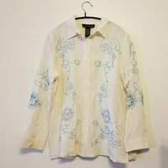 Nwt Dialogue Buttondown From Qvc. Natural, Cream Fabric Has A Great Feel And Clean, Crisp Look. Embellished With Teal Thread Embroidery Throughout Shirt. Nice Details Like Slits At Sleeve Cuffs And Side Vents On Hem. Length 26" Armpit To Armpit 20". Cream Button-up Shirt For Spring, Spring Cream Shirt With Button Closure, Cream Spring Shirt With Buttons, Cream Buttoned Shirt For Spring, Embroidered Cream Button-up Top, Blue Cream, Cream Color, Linen Blend, Button Down Shirt