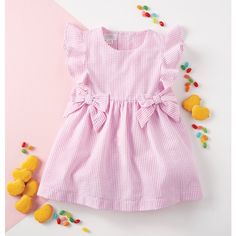 Seersucker Dress Features Flutter Ruffle Sleeves, Tacked Waist Bows And Pearlized Button Back Closure. Playful Gingham Dress With Ruffles, Sweet Gingham Dress With Ruffles, Summer Ruffle Dress In Lightweight Fabric, Cute Seersucker Summer Dresses, Striped Ruffle Dress For Playtime, Cute Gingham Seersucker Dresses, Pink Ruffled Seersucker Dresses, Casual Striped Seersucker Dress, Striped Seersucker Dresses With Ruffles