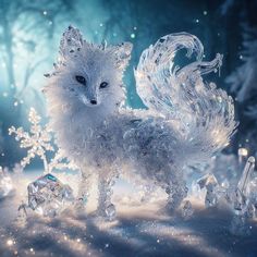 a white fox standing on top of snow covered ground next to crystal cubes and trees