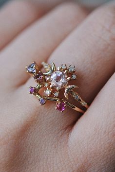 Constellation Ring Sofia Zakia, Constellation Ring, Promise Jewelry, Local Eclectic, Moonstone Engagement, Moonstone Engagement Ring, Purple Sapphire, Pink Morganite, Gold Wedding Band