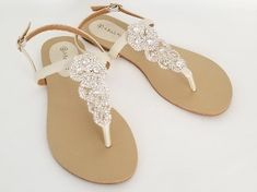 a pair of flat heel ivory bridal sandals with crystals on the straps of the sandals Beach Wedding Sandals, Beach Wedding Shoes, Bling Sandals, How To Dye Shoes, Ivory Wedding Shoes, Embellished Shoes, Bridal Sandals, Sparkle Wedding, Traditional Bride