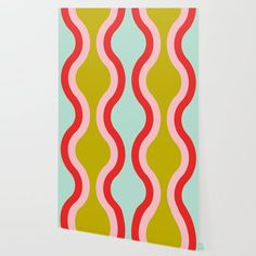 an abstract painting with wavy lines in green, pink and yellow colors on a white wall