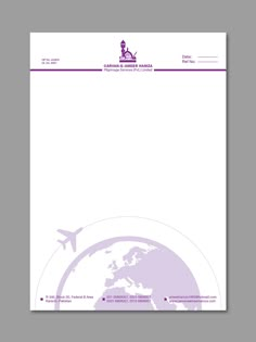 an airplane flying over the top of a world map on a white sheet with purple lettering