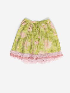 Vintage silk ruffle skirt in green and pink, handmade. This super cute skirt in lime green has a pastel pink floral design and ruffle along the hem. This skirt also features a pastel green zip and lemon yellow button closure on the back. Made from a lightweight silk. A beautiful spring/summer skirt that can be dressed up or down! Our recommended size: Medium (please note this skirt has no stretch) Label says: No size label Condition: Very good Material: No care label, confident it is silk Measur Pink Cotton Dress With Ruffled Skirt, Green Spring Dress With Elastic Waistband, Spring Green Dress With Elastic Waistband, Green Cotton Ruffled Bottoms, Pink Spring Dress With Gathered Skirt, Pink Gathered Skirt Dress For Spring, Spring Pink Dress With Gathered Skirt, Pink Flared Skirt Dress For Spring, Pink Dress With Gathered Skirt For Spring