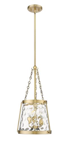 a light fixture with a glass shade hanging from it's center point and chain on the bottom