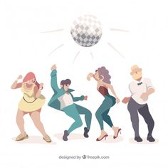 four people are dancing together with a ball in the air above them, and one person is