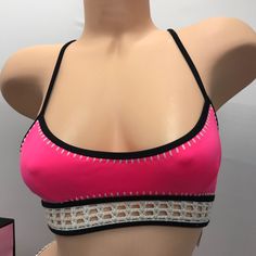 This Listing Is For A Xs Brand New, Never Worn, Pink And Black Top With Crocheted Accents. ( The Bottoms Have Been Sold.) All Labels, Tags And Hygienic Strips Are Attached. (B147) Pink T-back Swimwear With Built-in Bra, Pink Crop Top For Club In Summer, Pink Stretch Triangle Top, Pink Fitted Crop Top For Club, Pink T-back Swimwear For Party, Fitted Pink Crop Top For The Beach, Pink Triangle Top Crop Top For Vacation, Pink Bra Friendly Swimwear For Party, Pink Triangle Top With Built-in Bra