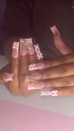 Gold White And Pink Nails, Pink Diamante Nails, Pink Nail Designs Medium Length, Pink Acrylic Nails For Prom, Pink Nails With Gold Rhinestones, Ribbon Nails Pink, Cute Dramatic Nails, Pink Pisces Nails, Pink And White Nails Square