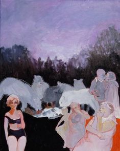 an oil painting of people and animals in a field at night with one woman wearing a bathing suit