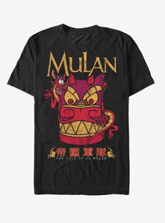 a black t - shirt with the words mulan on it