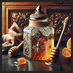 a jar with honey, orange slices and a wooden spoon sitting on top of it