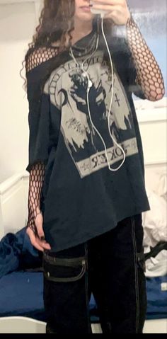 Fishnet Tshirt Outfits, Emo Outfits Fishnet, Style Fishnet Top, Fishnet Sleeves Under Shirt Outfit, Fishnets As Top, Goth Outfits With Fishnets, Grunge Outfits With Fishnets, Fishnet Shirt Outfit Grunge, T Shirt And Fishnets Outfit