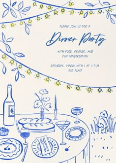 a blue and white dinner party card with an illustration of a table set for two