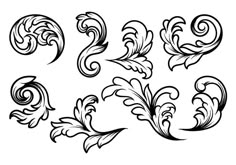 a set of decorative floral designs in black and white, isolated on a white background