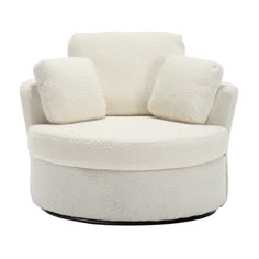 a white chair with four pillows on it's back and seat cushion in the middle