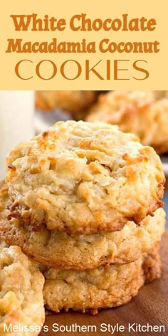 white chocolate macadamia coconut cookies are stacked on top of each other