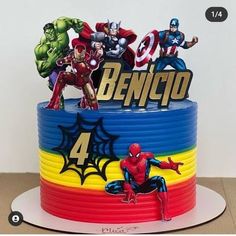 a birthday cake decorated with superheros and spider - man on the bottom tier is for beniceo 4