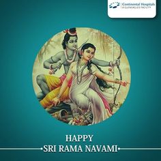 happy sri rama navami greeting card with lord and goddess on the blue background